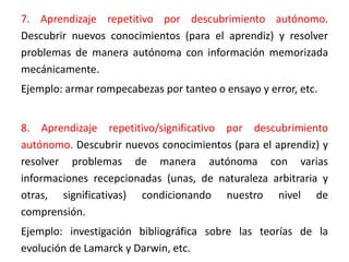 7. Aprendizaje repetitivo por descubrimiento autónomo.
Descubrir nuevos conocimientos (para el aprendiz) y resolver
problemas de manera autónoma con información memorizada
mecánicamente.
Ejemplo: armar rompecabezas por tanteo o ensayo y error, etc.
8. Aprendizaje repetitivo/significativo por descubrimiento
autónomo. Descubrir nuevos conocimientos (para el aprendiz) y
resolver problemas de manera autónoma con varias
informaciones recepcionadas (unas, de naturaleza arbitraria y
otras, significativas) condicionando nuestro nivel de
comprensión.
Ejemplo: investigación bibliográfica sobre las teorías de la
evolución de Lamarck y Darwin, etc.
 