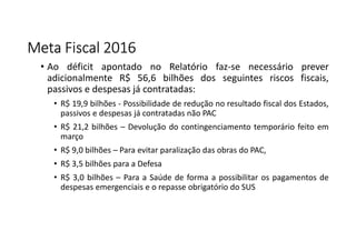 Meta Fiscal 2016Meta Fiscal 2016Meta Fiscal 2016Meta Fiscal 2016
• Ao déficit apontado no Relatório faz-se necessário prever
adicionalmente R$ 56,6 bilhões dos seguintes riscos fiscais,
passivos e despesas já contratadas:
• R$ 19,9 bilhões - Possibilidade de redução no resultado fiscal dos Estados,
passivos e despesas já contratadas não PAC
• R$ 21,2 bilhões – Devolução do contingenciamento temporário feito em
março
• R$ 9,0 bilhões – Para evitar paralização das obras do PAC,
• R$ 3,5 bilhões para a Defesa
• R$ 3,0 bilhões – Para a Saúde de forma a possibilitar os pagamentos de
despesas emergenciais e o repasse obrigatório do SUS
 