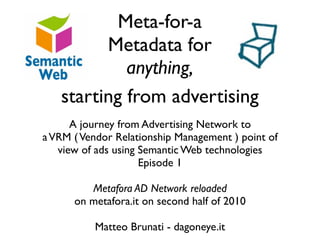 Meta-for-a
         Metadata for
            anything,
   starting from advertising
      A journey from Advertising Network to
a VRM ( Vendor Relationship Management ) point of
   view of ads using Semantic Web technologies
                     Episode 1

         Metafora AD Network reloaded
      on metafora.it on second half of 2010

          Matteo Brunati - dagoneye.it
 
