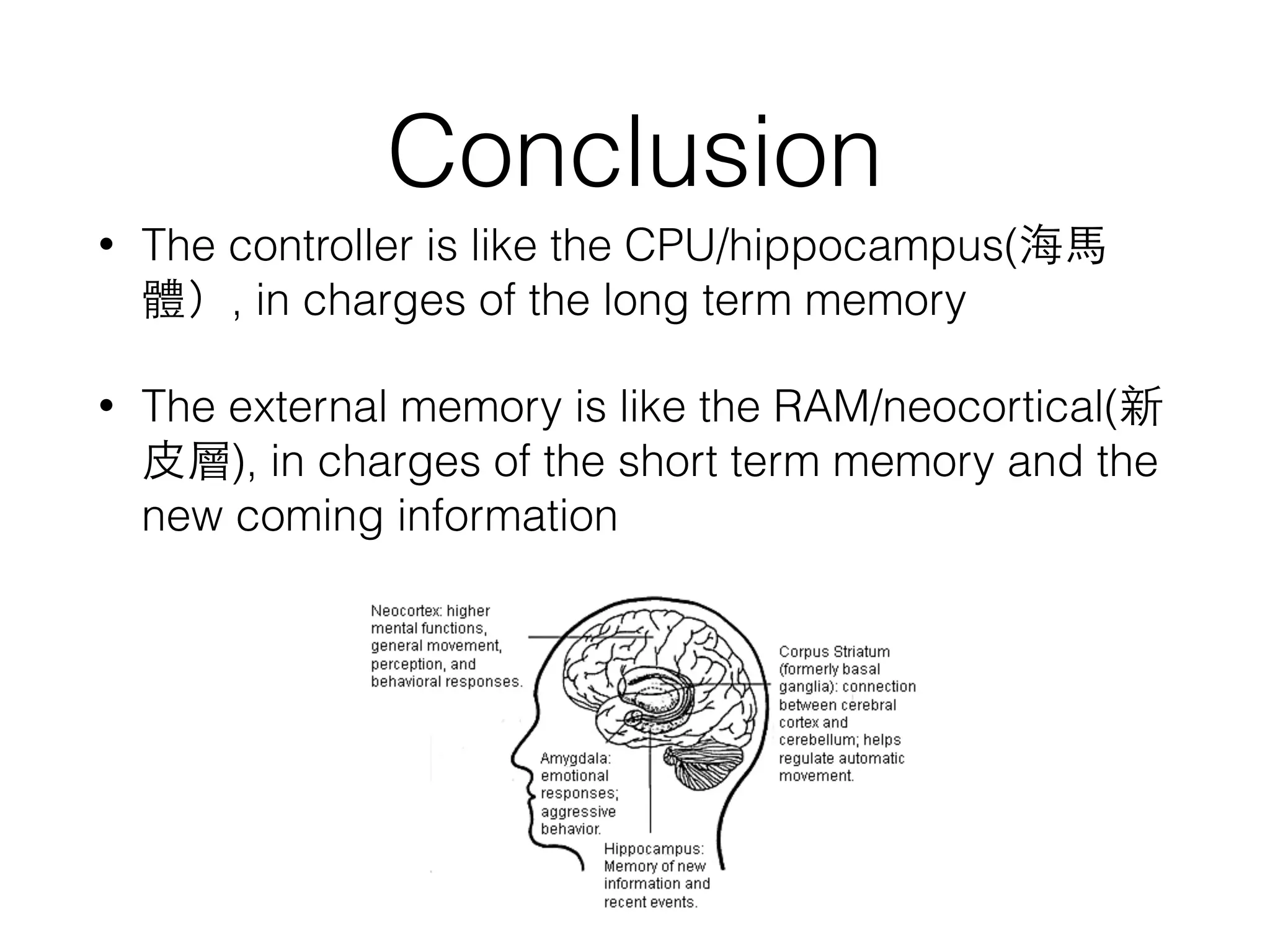 Conclusion
• The controller is like the CPU/hippocampus(海⾺馬
體）, in charges of the long term memory
• The external memory is like the RAM/neocortical(新
⽪皮層), in charges of the short term memory and the
new coming information
 