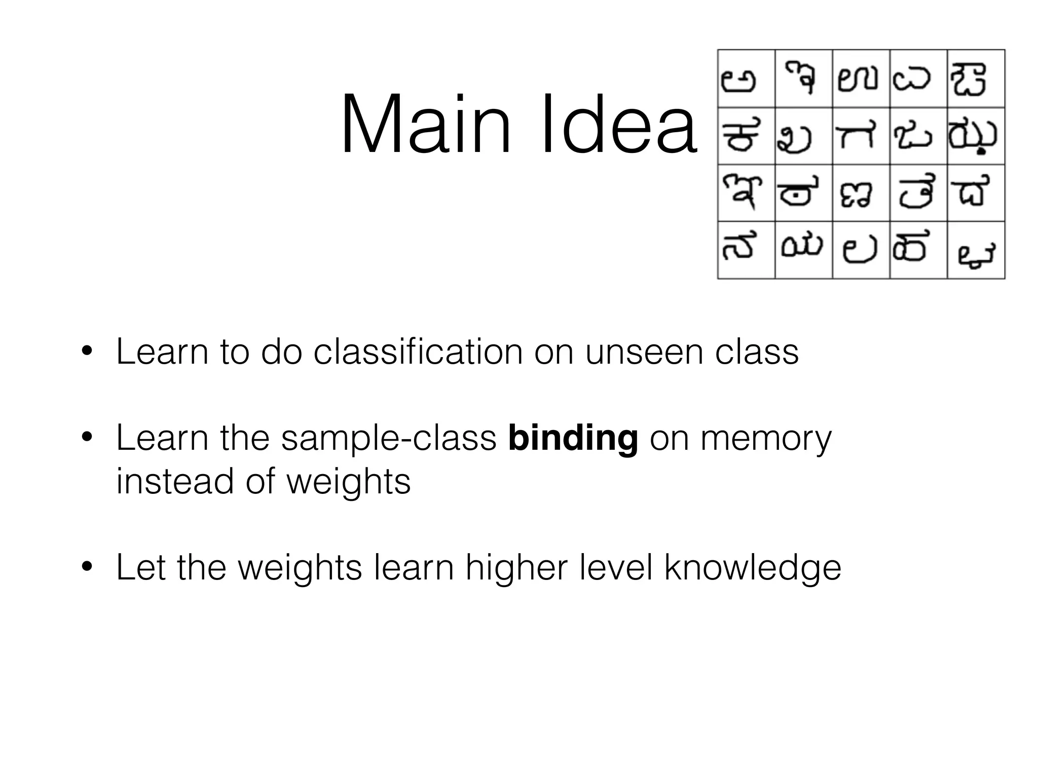 Main Idea
• Learn to do classiﬁcation on unseen class
• Learn the sample-class binding on memory
instead of weights
• Let the weights learn higher level knowledge
 