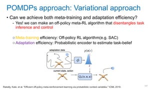 107
• Can we achieve both meta-training and adaptation efficiency?
- Yes! we can make an off-policy meta-RL algorithm that disentangles task
inference and control
○Meta-training efficiency: Off-policy RL algorithm(e.g. SAC)
○Adaptation efficiency: Probabilistic encoder to estimate task-belief
POMDPs approach: Variational approach
Rakelly, Kate, et al. "Efficient off-policy meta-reinforcement learning via probabilistic context variables." ICML 2019.
 