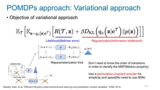 108
• Objective of variational approach
POMDPs approach: Variational approach
Rakelly, Kate, et al. "Efficient off-policy meta-reinforcement learning via probabilistic context variables." ICML 2019.
Don’t need to know the order of transitions
in order to identify the MDP(Markov property)
Use a permutation-invariant encoder for
simplicity and speed(No need to use RNN)
Regularization(Information bottleneck)
Likelihood(Bellman error)
Reparameterization trick
 