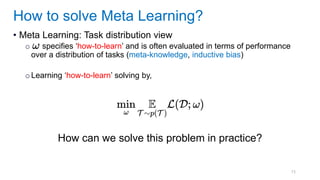 15
• Meta Learning: Task distribution view
o specifies ‘how-to-learn’ and is often evaluated in terms of performance
over a distribution of tasks (meta-knowledge, inductive bias)
oLearning ‘how-to-learn’ solving by,
How to solve Meta Learning?
How can we solve this problem in practice?
 