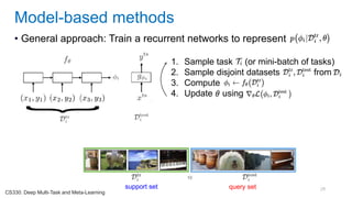 29
• General approach: Train a recurrent networks to represent
Model-based methods
CS330: Deep Multi-Task and Meta-Learning
1. Sample task (or mini-batch of tasks)
2. Sample disjoint datasets from
3. Compute
4. Update using
support set query set
 