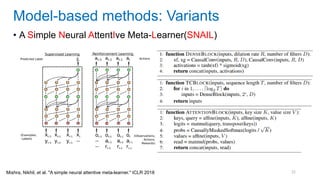 32
• A Simple Neural AttentIve Meta-Learner(SNAIL)
Model-based methods: Variants
Mishra, Nikhil, et al. "A simple neural attentive meta-learner." ICLR 2018
 