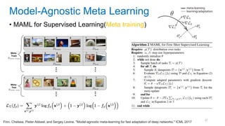 37
• MAML for Supervised Learning(Meta training)
Model-Agnostic Meta Learning
Finn, Chelsea, Pieter Abbeel, and Sergey Levine. "Model-agnostic meta-learning for fast adaptation of deep networks." ICML 2017
 