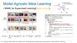 41
• MAML for Supervised Learning(Meta training)
Model-Agnostic Meta Learning
1st for loop
2nd for loop
Finn, Chelsea, Pieter Abbeel, and Sergey Levine. "Model-agnostic meta-learning for fast adaptation of deep networks." ICML 2017
 