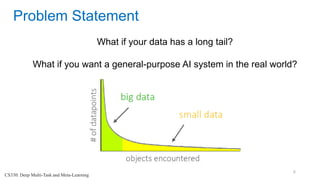 6
Problem Statement
What if your data has a long tail?
What if you want a general-purpose AI system in the real world?
CS330: Deep Multi-Task and Meta-Learning
 