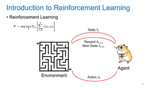 67
• Reinforcement Learning
Introduction to Reinforcement Learning
Environment
State 𝑆𝑡
Action 𝐴𝑡
Reward 𝑅𝑡+1
Next State 𝑆𝑡+1
Agent
 