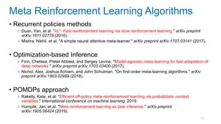 75
• Recurrent policies methods
○ Duan, Yan, et al. "RL2
: Fast reinforcement learning via slow reinforcement learning." arXiv preprint
arXiv:1611.02779 (2016).
○ Mishra, Nikhil, et al. "A simple neural attentive meta-learner." arXiv preprint arXiv:1707.03141 (2017).
• Optimization-based Inference
○ Finn, Chelsea, Pieter Abbeel, and Sergey Levine. "Model-agnostic meta-learning for fast adaptation of
deep networks." arXiv preprint arXiv:1703.03400 (2017).
○ Nichol, Alex, Joshua Achiam, and John Schulman. "On first-order meta-learning algorithms." arXiv
preprint arXiv:1803.02999 (2018).
• POMDPs approach
○ Rakelly, Kate, et al. "Efficient off-policy meta-reinforcement learning via probabilistic context
variables." International conference on machine learning. 2019.
○ Humplik, Jan, et al. "Meta reinforcement learning as task inference." arXiv preprint
arXiv:1905.06424 (2019).
Meta Reinforcement Learning Algorithms
 