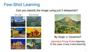 8
Few-Shot Learning
Can you classify the image using just 3 datapoints?
By Gogh or Cezanne?
(episodic) N-way K-shot learning
In this case, 2-way 3-shot learning
 