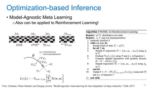 82
• Model-Agnostic Meta Learning
oAlso can be applied to Reinforcement Learning!
Optimization-based Inference
Finn, Chelsea, Pieter Abbeel, and Sergey Levine. "Model-agnostic meta-learning for fast adaptation of deep networks." ICML 2017
 