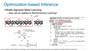 84
• Model-Agnostic Meta Learning
oAlso can be applied to Reinforcement Learning!
Optimization-based Inference
Finn, Chelsea, Pieter Abbeel, and Sergey Levine. "Model-agnostic meta-learning for fast adaptation of deep networks." ICML 2017
 