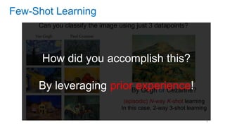 9
Few-Shot Learning
Can you classify the image using just 3 datapoints?
By Gogh or Cezanne?
(episodic) N-way K-shot learning
In this case, 2-way 3-shot learning
How did you accomplish this?
By leveraging prior experience!
 