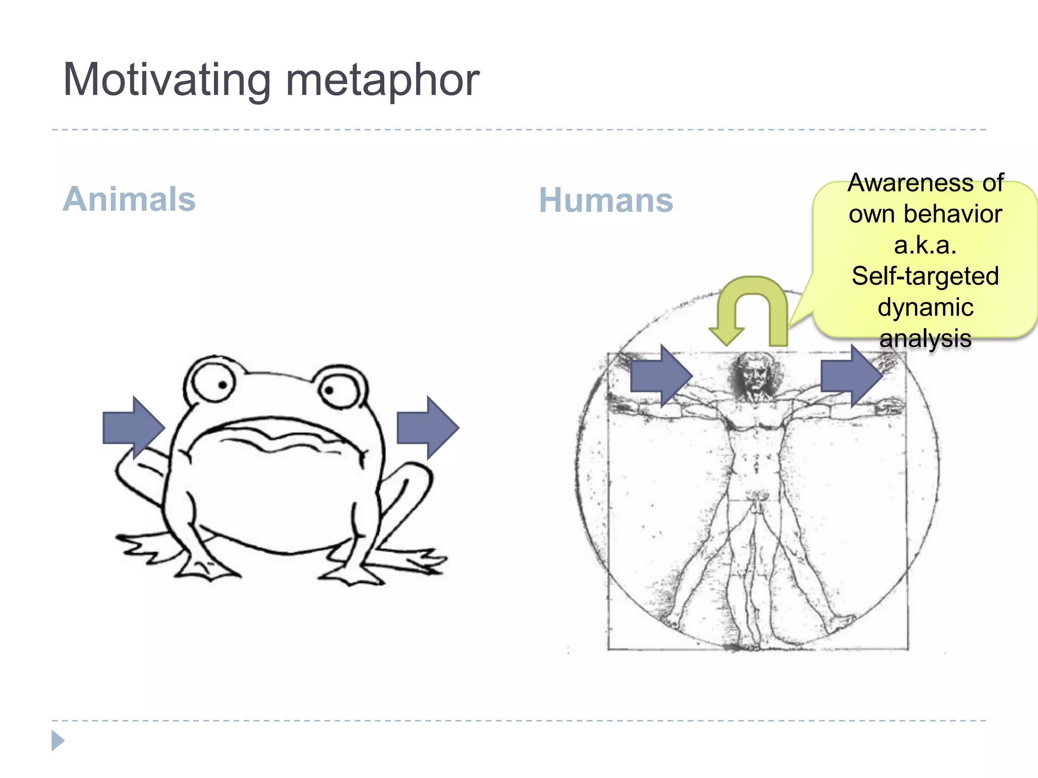 Motivating metaphor

                               Awareness of
Animals               Humans   own behavior
                                   a.k.a.
                               Self-targeted
                                 dynamic
                                 analysis
 