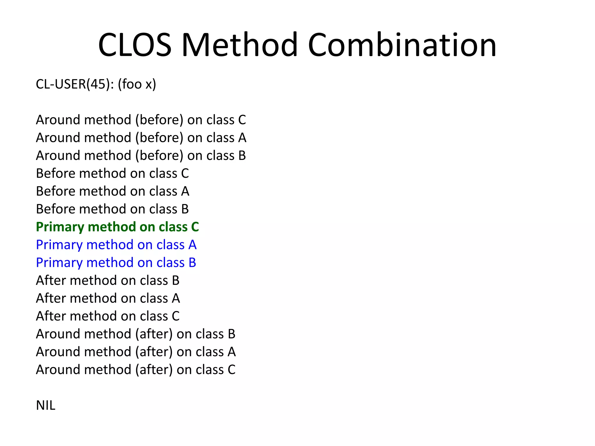CLOS Method Combination
CL-USER(45): (foo x)
Around method (before) on class C
Around method (before) on class A
Around method (before) on class B
Before method on class C
Before method on class A
Before method on class B
Primary method on class C
Primary method on class A
Primary method on class B
After method on class B
After method on class A
After method on class C
Around method (after) on class B
Around method (after) on class A
Around method (after) on class C
NIL
 