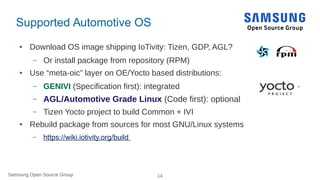 Samsung Open Source Group 14Samsung Open Source Group
Supported Automotive OS
● Download OS image shipping IoTivity: Tizen, GDP, AGL?
– Or install package from repository (RPM)
● Use “meta-oic” layer on OE/Yocto based distributions:
– GENIVI (Specification first): integrated
– AGL/Automotive Grade Linux (Code first): optional
– Tizen Yocto project to build Common + IVI
● Rebuild package from sources for most GNU/Linux systems
– https://wiki.iotivity.org/build
 