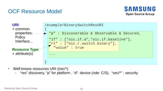 Samsung Open Source Group 34
OCF Resource Model
/example/BinarySwitchResURI
{
“p” : Discoverable & Observable & Secured,
“if” : ["oic.if.a","oic.if.baseline"],
“rt” : [“oic.r.switch.binary”],
“value” : true
...
}
URI:
+ common
properties:
Policy
Interface...
Resource Type:
+ attribute(s)
● Well knows resources URI (/oic/*):
– “res” discovery, “p” for platform , “d”: device (role: C/S), “sec/*” : security
 