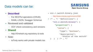 Samsung Open Source Group 35Samsung Open Source Group
Data models can be:
● Described
– For RESTful operations (CRUD)
– RAML+JSON, Swagger Schemas
● Reviewed and validated
– OCF check consistency and versions
● Shared
– http://OneIotA.org repository & tools
● Note:
– IoTivity works with private models too
● oic.r.switch.binary.json
– http://www.oneiota.org/revisions/1580
● /* … */ "definitions": {
  "oic.r.switch.binary": {
    "properties": {
      "value": {
        "type": "boolean",
        "description":
          "Status of the switch"
}  }  } /* … */
 
