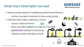 39 #LFALS
Smart City’s Street lights use case

Iotivity-example (Branch “sandbox/pcoval/on/master/demo”)
– Various examples combined in demo using nodejs

Defective Street lights notification service:
– Sensor reads luminance
– Micro controller switch car's light on if too dark
– geolocation updated continuously
– Gateway sends message to cloud
Samsung Open Source Group
11
2
3
5
47
 