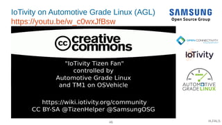 46 #LFALS
IoTivity on Automotive Grade Linux (AGL)
https://youtu.be/w_c0wxJfBsw
iotivity-agl-demo-platform-20160222rzr
https://youtu.be/w_c0wxJfBsw
 