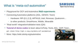 22 #LFALS
What is “meta-ocf-automotive”

Playground for OCF and Automotive R&D experiments

Connecting Automotive platfo...