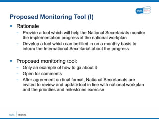 Proposed Monitoring Tool (I) Rationale Provide a tool which will help the National Secretariats monitor the implementation progress of the national workplan Develop a tool which can be filled in on a monthly basis to inform the International Secretariat about the progress Proposed monitoring tool:  Only an example of how to go about it Open for comments After agreement on final format, National Secretariats are invited to review and update tool in line with national workplan and the priorities and milestones exercise 18/01/10 