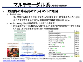 106
マルチモーダル系（Audio-visual）
■ 動画内の時系列のアライメントに着目
➤ Early fusion
- 音と関係する動きをモデリングするために視覚情報と聴覚情報それぞれが時
系列の情報を持つ比較的浅い層の段階で情報を統合し3D conv.
➤ Action recognitionの事前学習として有効性を確認
- 別の動画のデータを負例として使うより，同動画内の別時刻のデータを負例と
して使うことで性能改善(動きに関する特徴量を獲得)
A. Owens et al, “Audio-Visual Scene Analysis with Self-Supervised Multisensory Features”, ECCV 2018.
https://arxiv.org/pdf/1712.06651.pdf
 