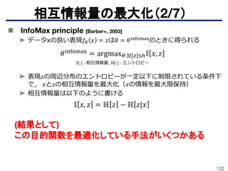 122
 
相互情報量の最大化（2/7）
(結果として)
この目的関数を最適化している手法がいくつかある
 