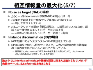 125
 
相互情報量の最大化（5/7）
論文中ではInfoMax principleとの詳細な関係はほとんど触れられていないが
発想のベースにはあったのではと考えられる
 
