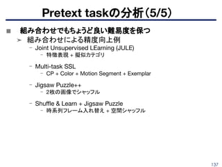 137
■ 組み合わせでもちょうど良い難易度を保つ
➤ 組み合わせによる精度向上例
- Joint Unsupervised LEarning (JULE)
- 特徴表現 + 擬似カテゴリ
- Multi-task SSL
- CP + Color + Motion Segment + Exemplar
- Jigsaw Puzzle++
- 2枚の画像でシャッフル
- Shuﬄe & Learn + Jigsaw Puzzle
- 時系列フレーム入れ替え + 空間シャッフル
Pretext taskの分析（5/5）
 
