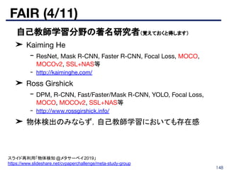 FAIR (4/11)
148
■ 自己教師学習分野の著名研究者（覚えておくと得します）
➤ Kaiming He
- ResNet, Mask R-CNN, Faster R-CNN, Focal Loss, MOCO,
MOCOv2, SSL+NAS等
- http://kaiminghe.com/
➤ Ross Girshick
- DPM, R-CNN, Fast/Faster/Mask R-CNN, YOLO, Focal Loss,
MOCO, MOCOv2, SSL+NAS等
- http://www.rossgirshick.info/
➤ 物体検出のみならず，自己教師学習においても存在感
スライド再利用「物体検知 @メタサーベイ2019」
https://www.slideshare.net/cvpaperchallenge/meta-study-group
 