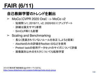 FAIR (6/11)
150
■ 自己教師学習のトレンドを創出
➤ MoCo（CVPR 2020 Oral） -> MoCo v2
- 短期間（v1; 2019/11, v2; 2020/03）にアップデート
- 詳細は論文サマリ参照
- SimCLR等にも影響
➤ Scaling and Benchmarking
- 長らく見直されていないルールを改正（しようと提案）
- AlexNetのみの評価をResNet-50などを使用
- Pretext taskの使用データセットのサイズについて評価
- 画像識別以外のタスクについても転移学習
スライド再利用「物体検知 @メタサーベイ2019」
https://www.slideshare.net/cvpaperchallenge/meta-study-group
 
