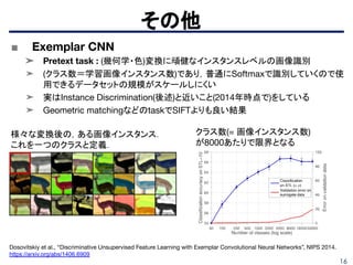 16
■ Exemplar CNN
➤ Pretext task : (幾何学・色)変換に頑健なインスタンスレベルの画像識別
➤ (クラス数＝学習画像インスタンス数)であり，普通にSoftmaxで識別していくので使
用できるデータセットの規模がスケールしにくい
➤ 実はInstance Discrimination(後述)と近いこと(2014年時点で)をしている
➤ Geometric matchingなどのtaskでSIFTよりも良い結果
その他
Dosovitskiy et al., “Discriminative Unsupervised Feature Learning with Exemplar Convolutional Neural Networks”, NIPS 2014.
https://arxiv.org/abs/1406.6909
様々な変換後の，ある画像インスタンス．
これを一つのクラスと定義．
クラス数(= 画像インスタンス数)
が8000あたりで限界となる
 
