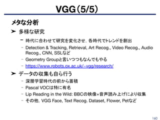 VGG（5/5）
160
■ メタな分析
➤ 多様な研究
- 時代に合わせて研究を変化させ，各時代でトレンドを創出
- Detection & Tracking, Retrieval, Art Recog., Video Recog., Audio
Recog., CNN, SSLなど
- Geometry Groupと言いつつもなんでもやる
- https://www.robots.ox.ac.uk/~vgg/research/
➤ データの収集も自ら行う
- 深層学習時代の前から蓄積
- Pascal VOCは特に有名
- Lip Reading in the Wild: BBCの映像+音声読み上げにより収集
- その他，VGG Face, Text Recog. Dataset, Flower, Petなど
 