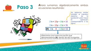 Paso 3
Ahora sumamos algebraicamente ambas
ecuaciones resultando:
20x + 12y – 16z = 16
18x – 12y – 15z = 36
(4) 38x 0 – 31z = 52
No debemos olvidar
también el miembro
derecho de la
igualación para hacer
la operación
correspondiente a los
signos.
Obtuvimos una nueva ecuación que
denominaremos (4) siendo de dos incógnitas.
 