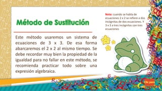 Este método usaremos un sistema de
ecuaciones de 3 x 3. De esa forma
abarcaremos el 2 x 2 al mismo tiempo. Se
debe recordar muy bien la propiedad de la
igualdad para no fallar en este método, se
recomienda practicar todo sobre una
expresión algebraica.
Nota: cuando se habla de
ecuaciones 2 x 2 se refiere a dos
incógnitas de dos ecuaciones. Y
3 x 3 a tres incógnitas con tres
ecuaciones
 