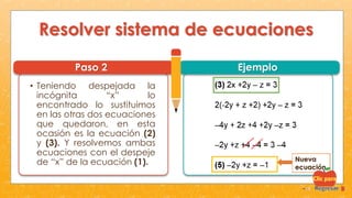 Resolver sistema de ecuaciones
Paso 2 Ejemplo
• Teniendo despejada la
incógnita “x” lo
encontrado lo sustituimos
en las otras dos ecuaciones
que quedaron, en esta
ocasión es la ecuación (2)
y (3). Y resolvemos ambas
ecuaciones con el despeje
de “x” de la ecuación (1). Nueva
ecuación
Nueva
ecuación
 