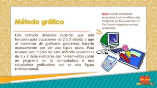 Este método debemos recordar que solo
funciona para ecuaciones de 2 x 2 debido a que
al momento de graficarlo podremos hacerlo
manualmente por ser una figura plana. Para
resolver por medio de este método ecuaciones
de 3 x 3 debe realizarse con herramientas como
un programa en la computadora o una
calculadora gráficadora por se una figura
tridimensional.
Nota: cuando se habla de
ecuaciones 2 x 2 se refiere a dos
incógnitas de dos ecuaciones. Y
3 x 3 a tres incógnitas con tres
ecuaciones
 