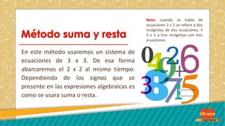 En este método usaremos un sistema de
ecuaciones de 3 x 3. De esa forma
abarcaremos el 2 x 2 al mismo tiempo.
Dependiendo de los signos que se
presente en las expresiones algebraicas es
como se usara suma o resta.
Nota: cuando se habla de
ecuaciones 2 x 2 se refiere a dos
incógnitas de dos ecuaciones. Y
3 x 3 a tres incógnitas con tres
ecuaciones
 