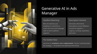 Generative AI in Ads
Manager
Headline Rewriting
Meta AI rewrites your
headlines in real time to
match the tone and language
style of each audience
segment
Description Variants
Generates alternative
descriptions across different
emotional registers —
urgency, curiosity, aspiration,
and more
The Golden Rule
Use AI as an assistant, not a replacement. Human creativity leads
the strategy — AI iterates and optimizes from there
 