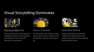 Visual Storytelling Dominates
Short-Form Video Rules
Reels and Stories drive the majority of
engagement signals across Facebook
and Instagram. This is where AI
attention is concentrated.
Hook in 1.5 Seconds
The AI rewards early retention. If your
opening frame doesn't stop the scroll,
the algorithm will stop showing your
ad.
Native Beats Polished
Organic-style footage consistently
outperforms high-production ads.
Authenticity signals are more valuable
than production value.
 