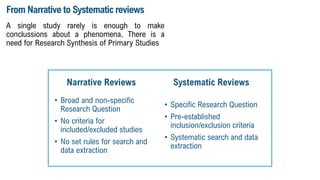 From Narrative to Systematic reviews
A single study rarely is enough to make
conclussions about a phenomena. There is a
need for Research Synthesis of Primary Studies
• Specific Research Question
• Pre-established
inclusion/exclusion criteria
• Systematic search and data
extraction
• Broad and non-specific
Research Question
• No criteria for
included/excluded studies
• No set rules for search and
data extraction
Narrative Reviews Systematic Reviews
 