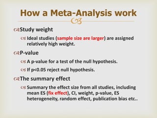 
Study weight
 Ideal studies (sample size are larger) are assigned
relatively high weight.
P-value
 A p-value for a test of the null hypothesis.
 If p<0.05 reject null hypothesis.
The summary effect
 Summary the effect size from all studies, including
mean ES (fix effect), CI, weight, p-value, ES
heterogeneity, random effect, publication bias etc..
How a Meta-Analysis work
 