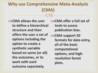 
Why use Comprehensive Meta-Analysis
(CMA)
CMA allows the user
to define a hierarchical
structure and then
offers the user a set of
options including the
option to create a
synthetic variable
based on some (or all)
the outcomes, or to
work with each
outcome separately.
CMA offer a full set of
tools to assess
publication bias.
CMA support 50
formats for data entry,
all of the basic
computational
options, and high-
resolution forest
plots.
 