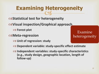 
Statistical test for heterogeneity
Visual inspection/Graphical approach
 Forest plot
Meta-regression
 Unit of regression: study
 Dependent variable: study-specific effect estimate
 Independent variables: study-specific characteristics
(e.g., study design, geographic location, length of
follow-up)
37
Examining Heterogeneity
Examine
heterogeneity
 