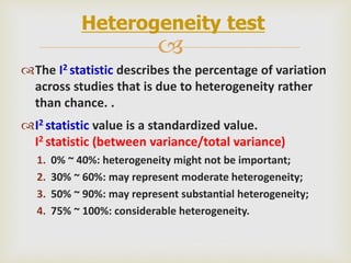 
The I2 statistic describes the percentage of variation
across studies that is due to heterogeneity rather
than chance. .
I2 statistic value is a standardized value.
I2 statistic (between variance/total variance)
1. 0% ~ 40%: heterogeneity might not be important;
2. 30% ~ 60%: may represent moderate heterogeneity;
3. 50% ~ 90%: may represent substantial heterogeneity;
4. 75% ~ 100%: considerable heterogeneity.
Heterogeneity test
 