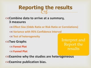 
Combine data to arrive at a summary,
3 measures
 Effect Size (Odds Ratio or Risk Ratio or Correlations)
 Variance with 95% Confidence Interval
 Test of heterogeneity
Two Graphs
 Forest Plot
 Funnel Plot
Examine why the studies are heterogeneous
Examine publication bias.
Reporting the results
Interpret and
Report the
results
 