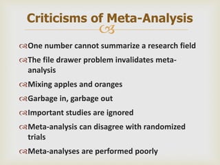
One number cannot summarize a research field
The file drawer problem invalidates meta-
analysis
Mixing apples and oranges
Garbage in, garbage out
Important studies are ignored
Meta-analysis can disagree with randomized
trials
Meta-analyses are performed poorly
Criticisms of Meta-Analysis
 